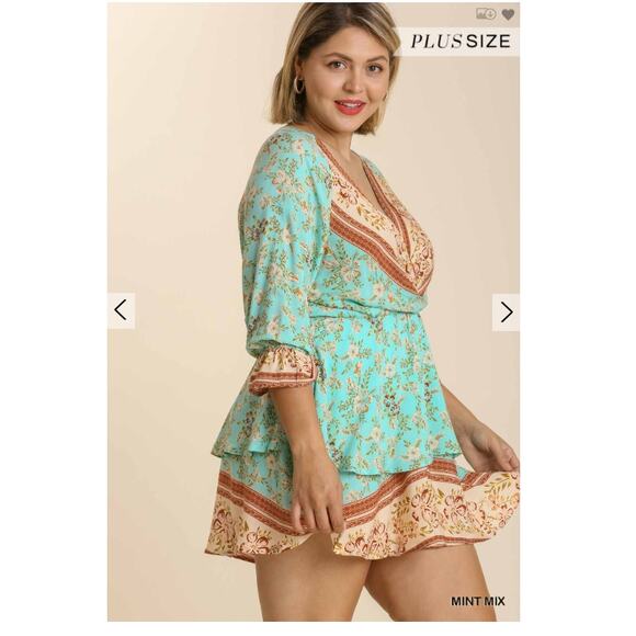 Umgee Boho Chic V-Neck Floral Print Layered Mini Dress Mint Combo Size XL - Picture 4 of 6